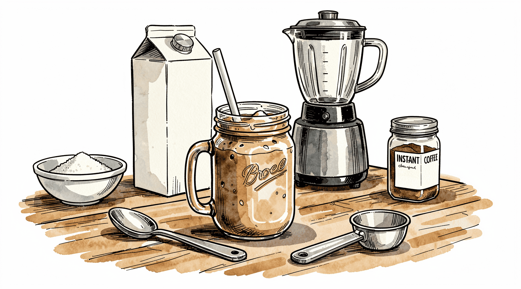 illustration of an frozen blended coffee beverage in a mason jar with plastic bendy straw