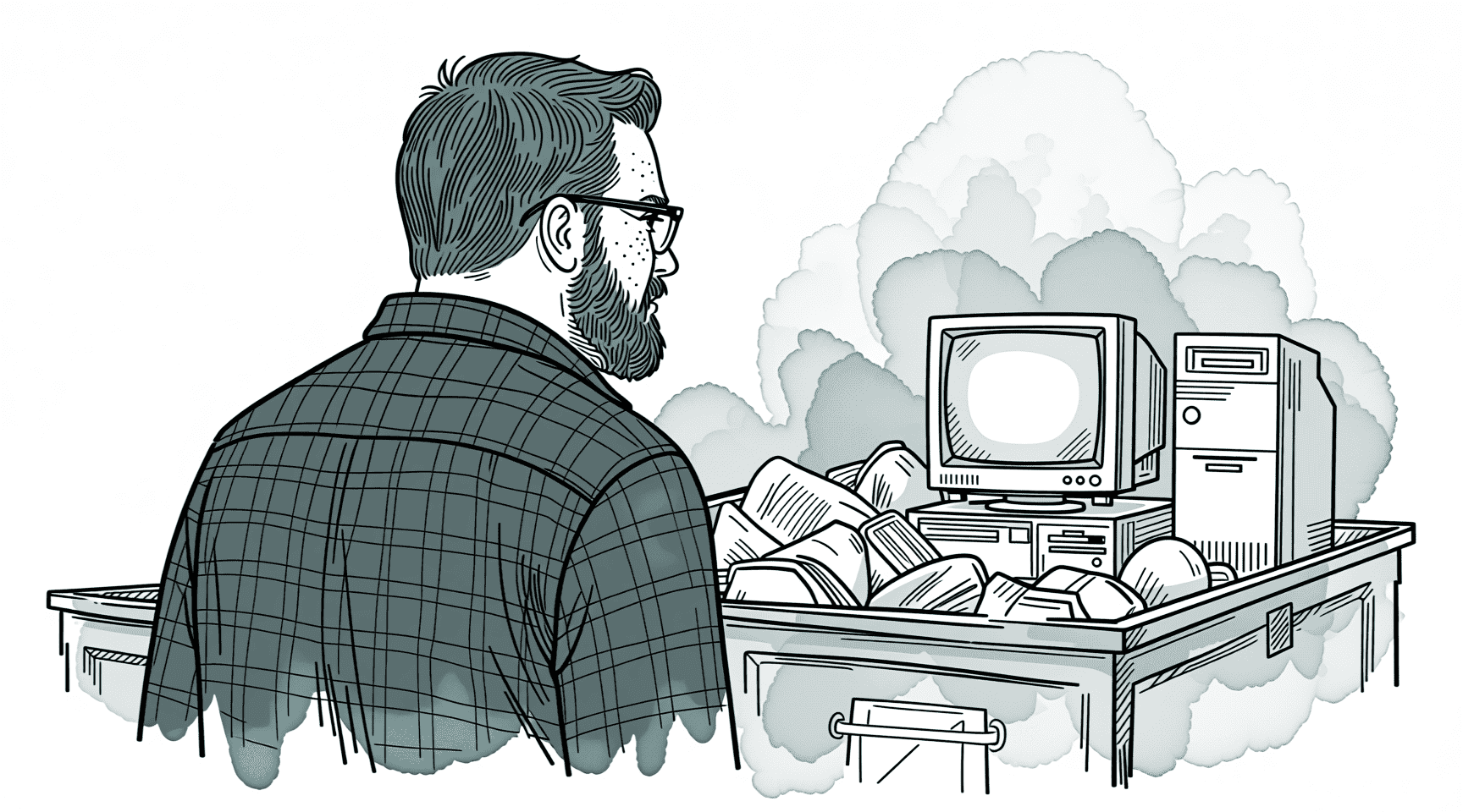 Illustration of me looking at my old PC in the dumpster