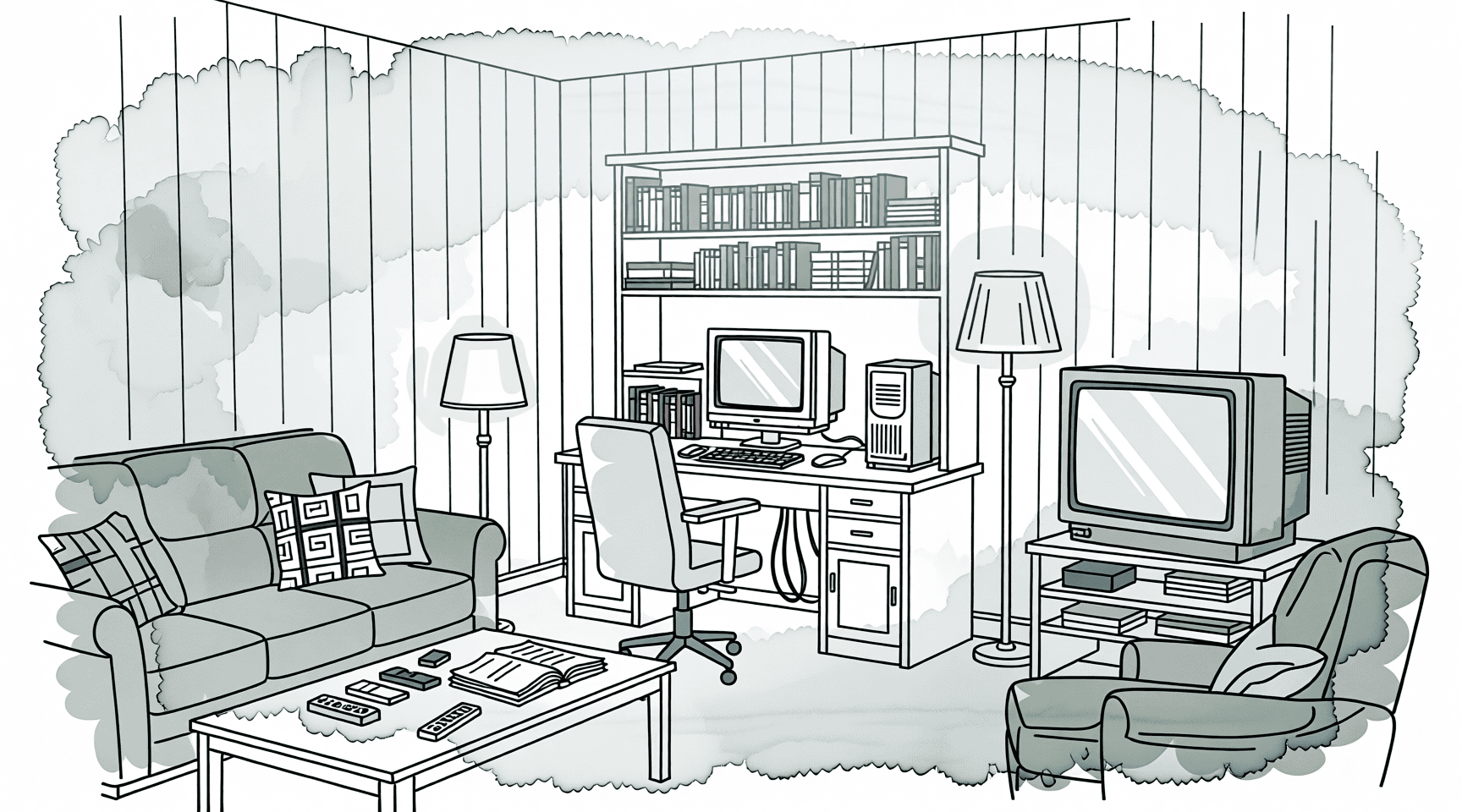 Illustration of a 1990s family room with a PC