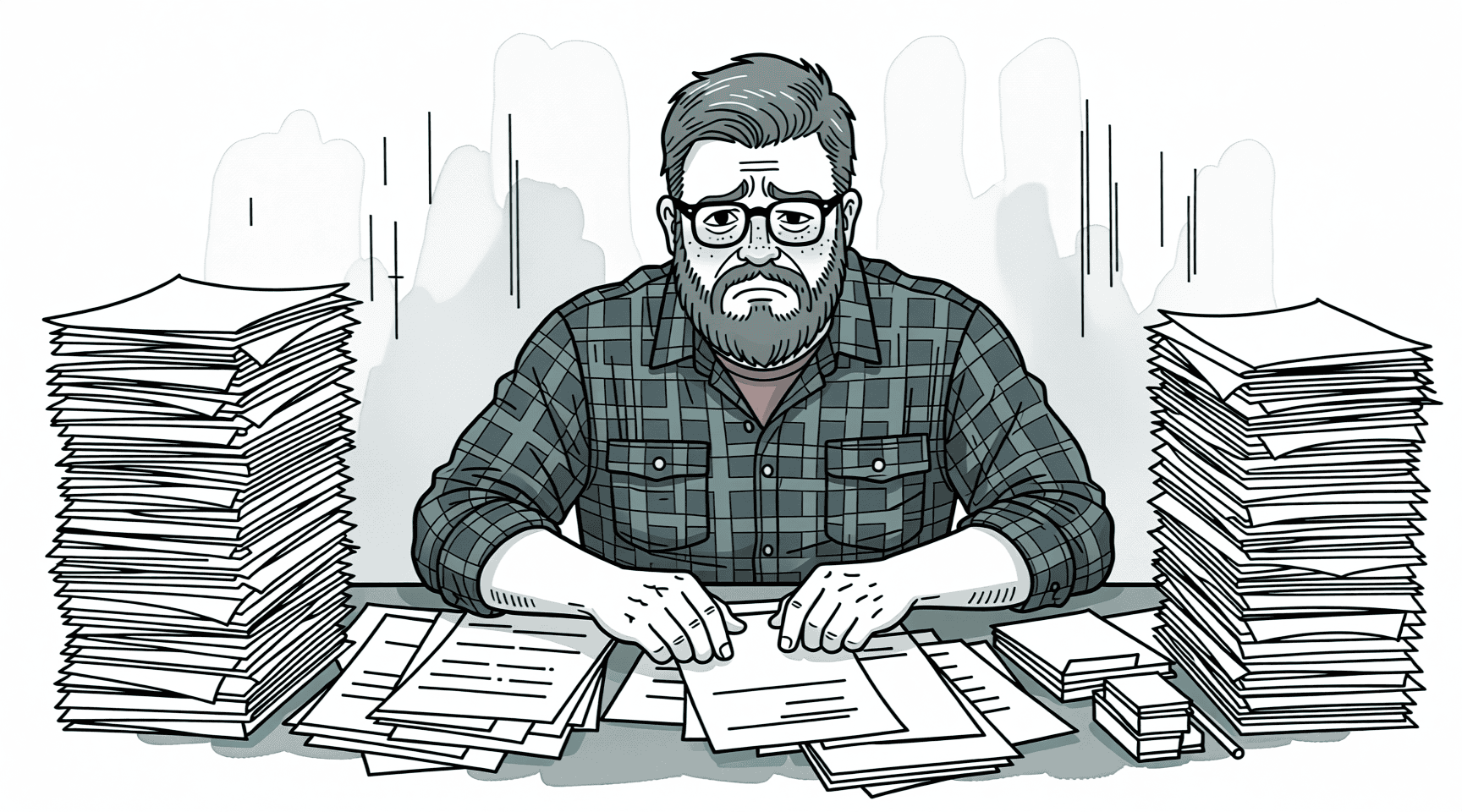 Illustration of me overwhelmed by information, piles of papers on my desk
