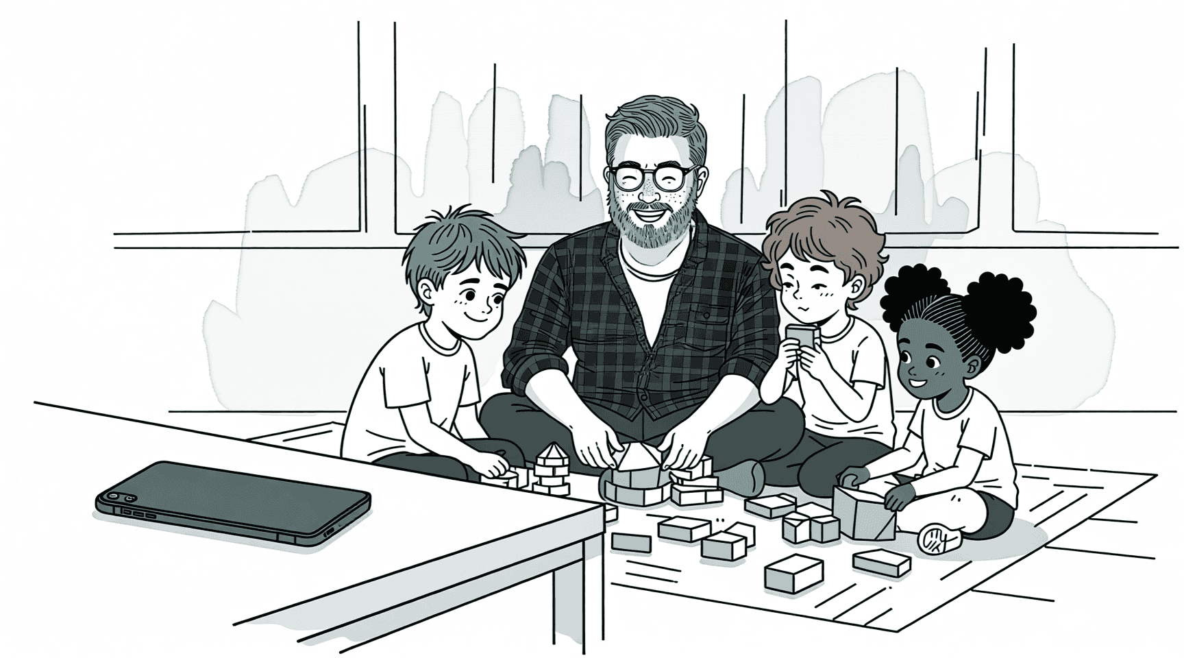 Illustration of me playing with my kids and ignoring my phone