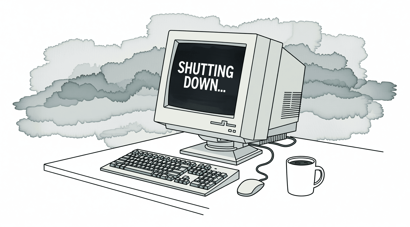 Illustration of a 1990s desktop PC in its shutdown sequence