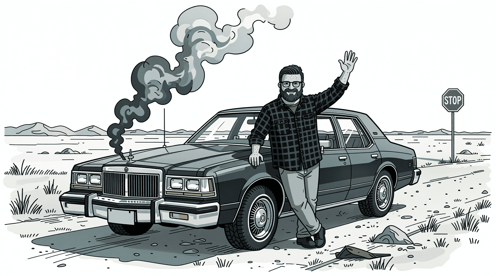 Illustration of me stranded in the desert with a broken down car
