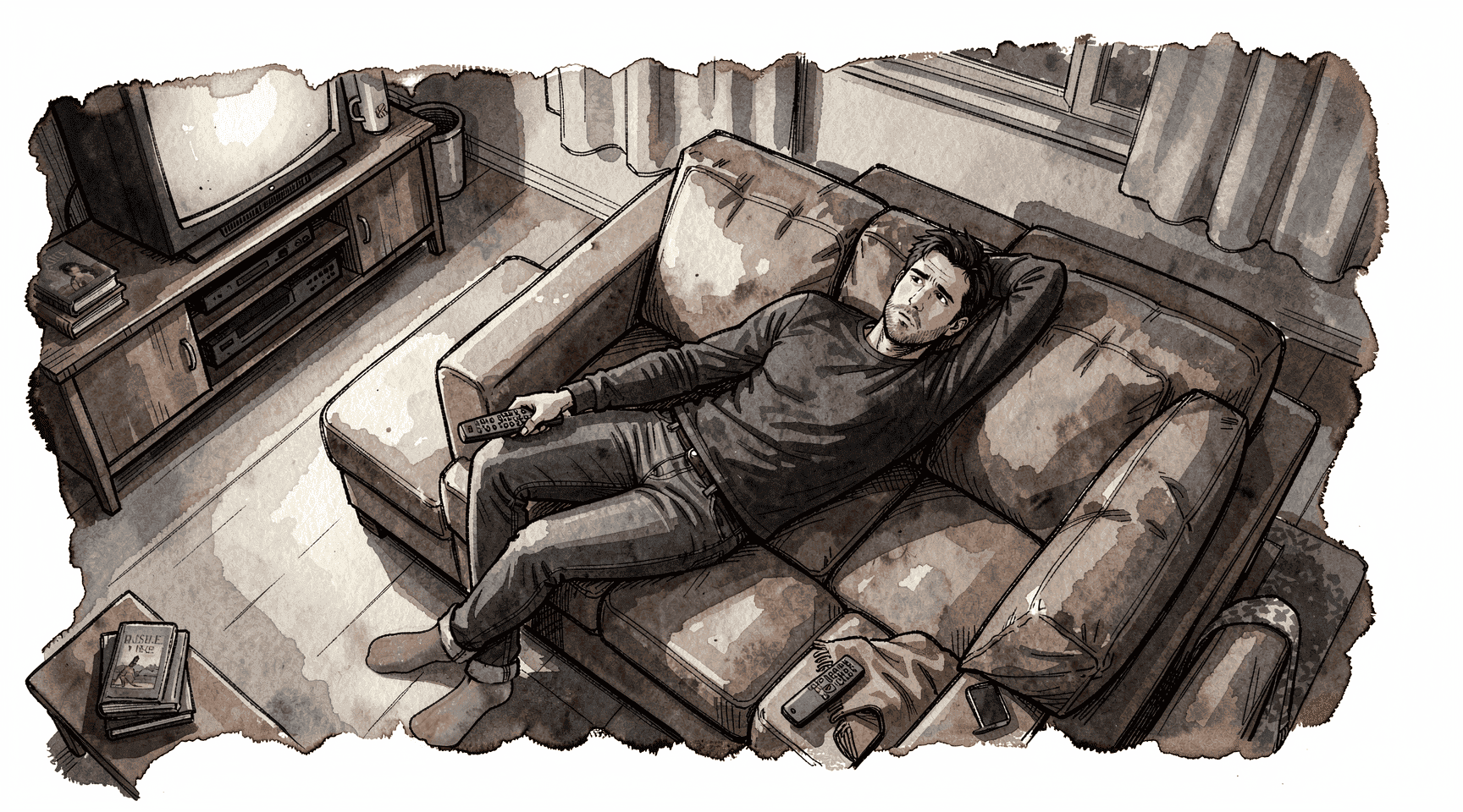 Illustration of a man laying on the couch, staring at the ceiling, static on the TV