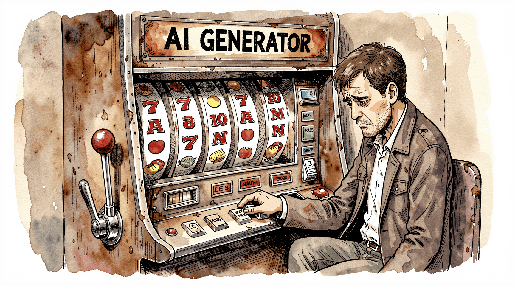 Exhausted and depressed man at a slot machine called "AI Generation"
